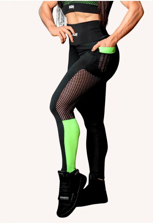 Calça Legging Neon Style Empina Bumbum Preto com Verde Tela AQN SPORT Zero Transparência